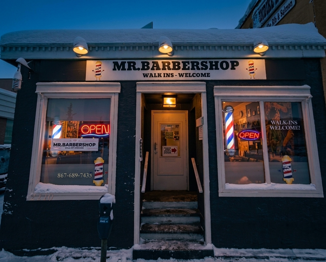 MR.BARBERSHOP night exterior, 2nd Ave Whitehorse Yukon