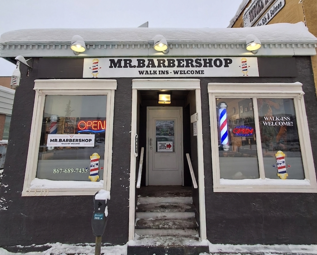 MR.BARBERSHOP exterior night — Whitehorse Yukon barbershop